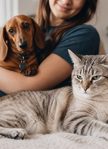 Dachshund and cat with caregiver