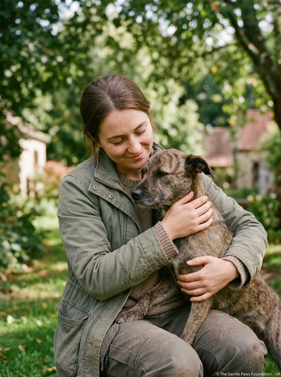 Caring animal welfare volunteer gently comforting a rescued dog